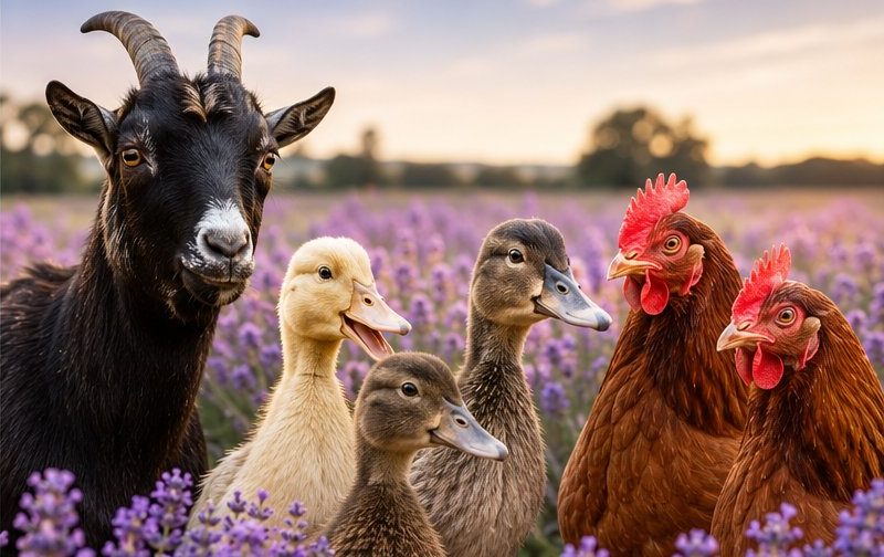 Goats, ducks, chickens and hens among the lavender
